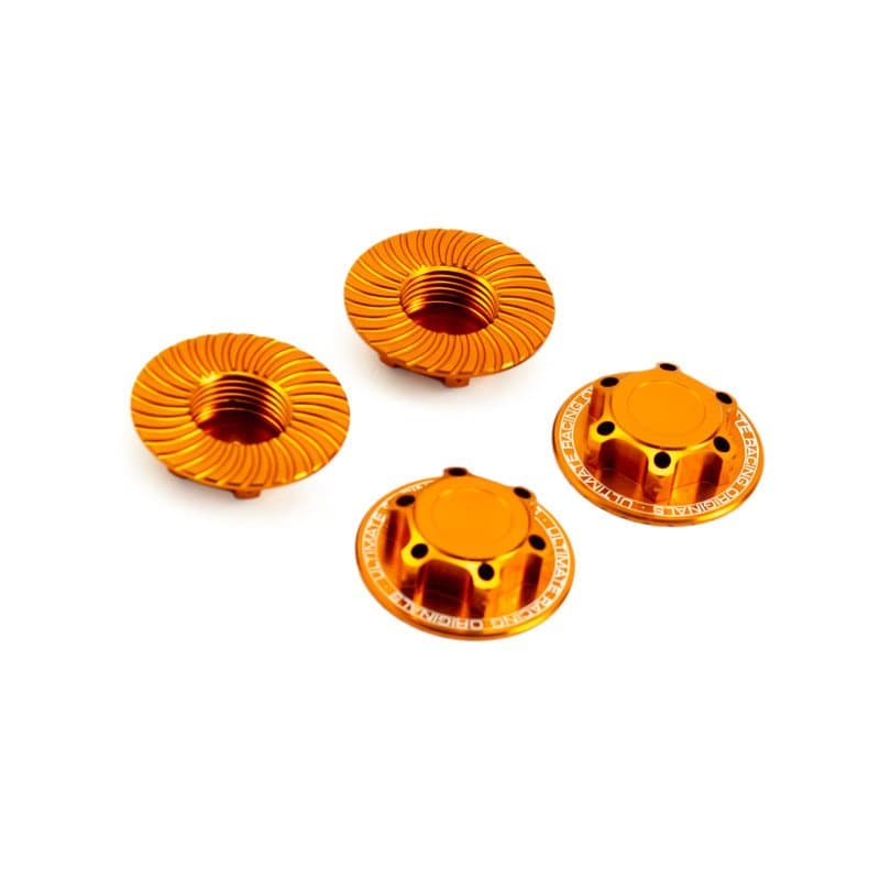 Orange aluminium RC car wheel adapters and shock tower covers