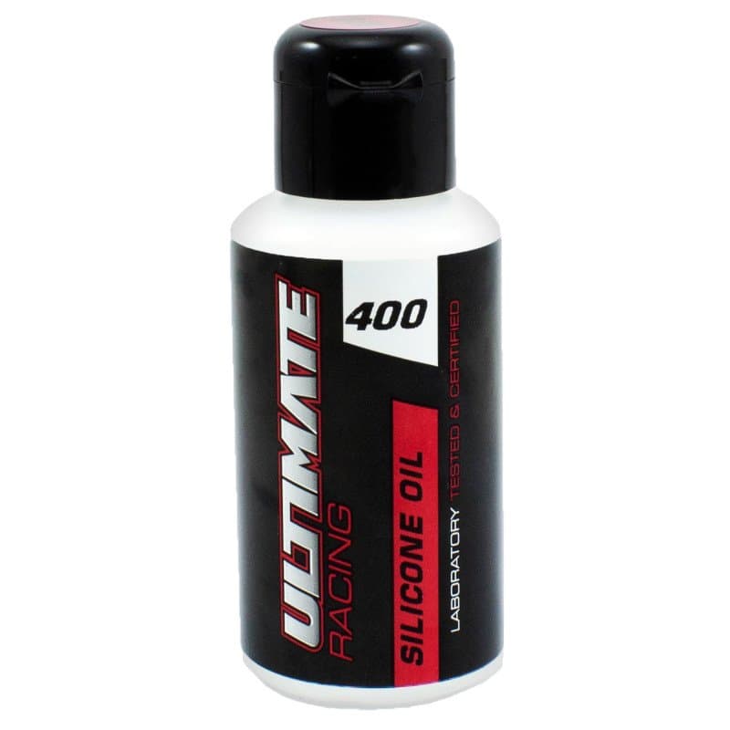 Ultimate Racing 400 silikoneolje i hvit og sort flaske