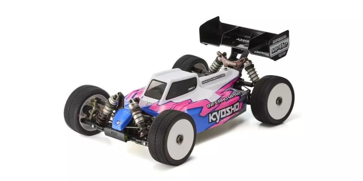 Kyosho Inferno MP10 RC buggy med rosa og blå karosseri