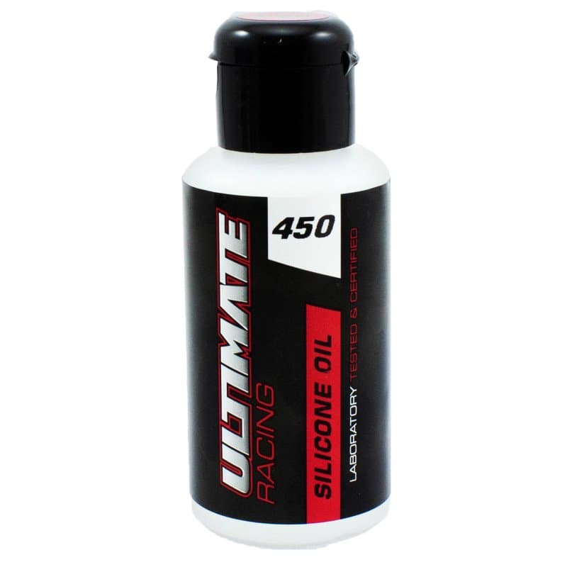 Ultimate Racing 450 silikonomdeling olje i sort og hvit flaske